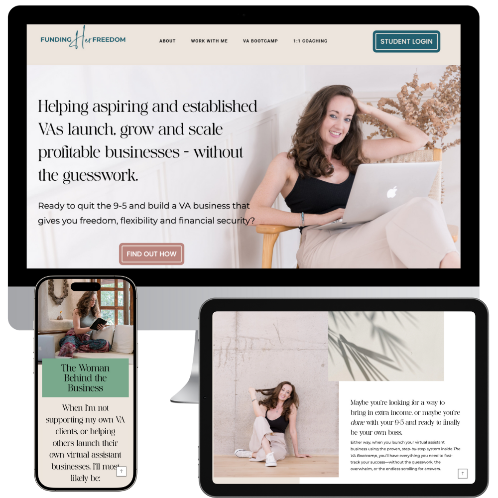 Screenshots of Funding Her Freedom website on mobile, tablet and desktop