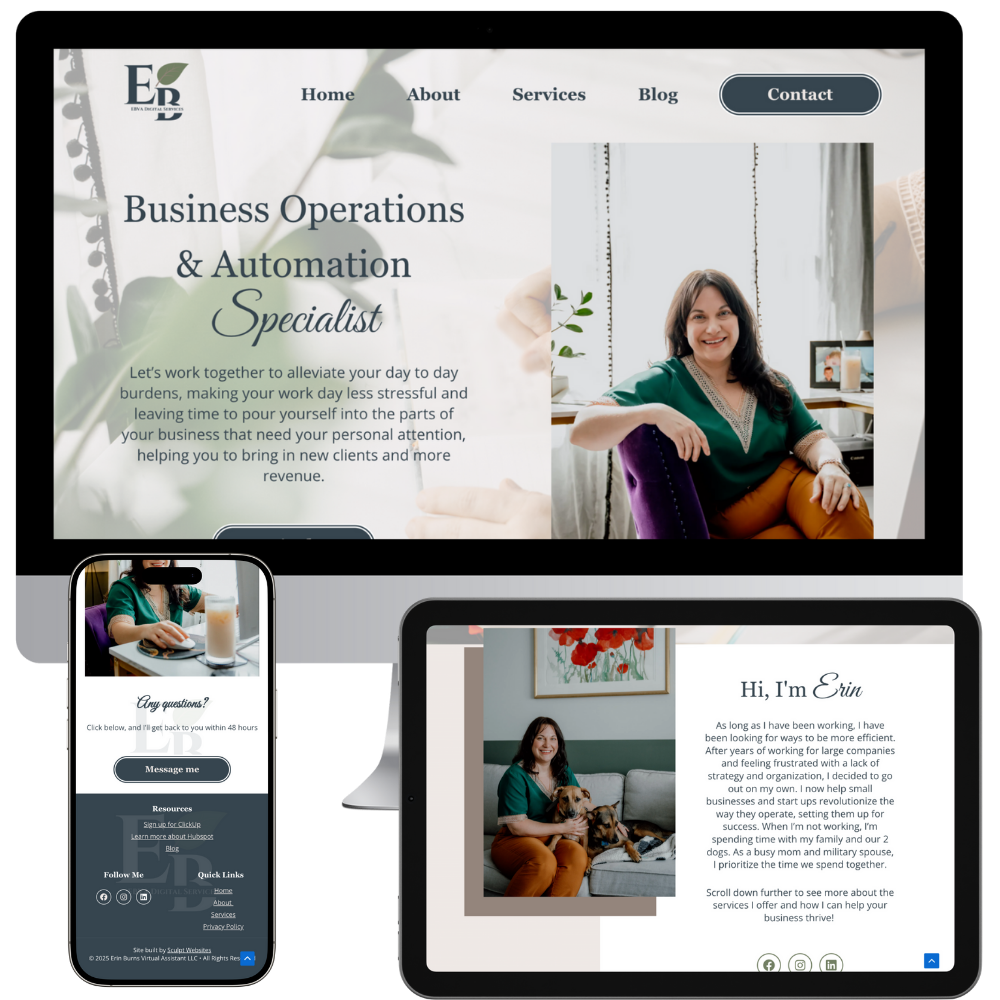 Screenshots of Erin Burns VA website on mobile, tablet and desktop