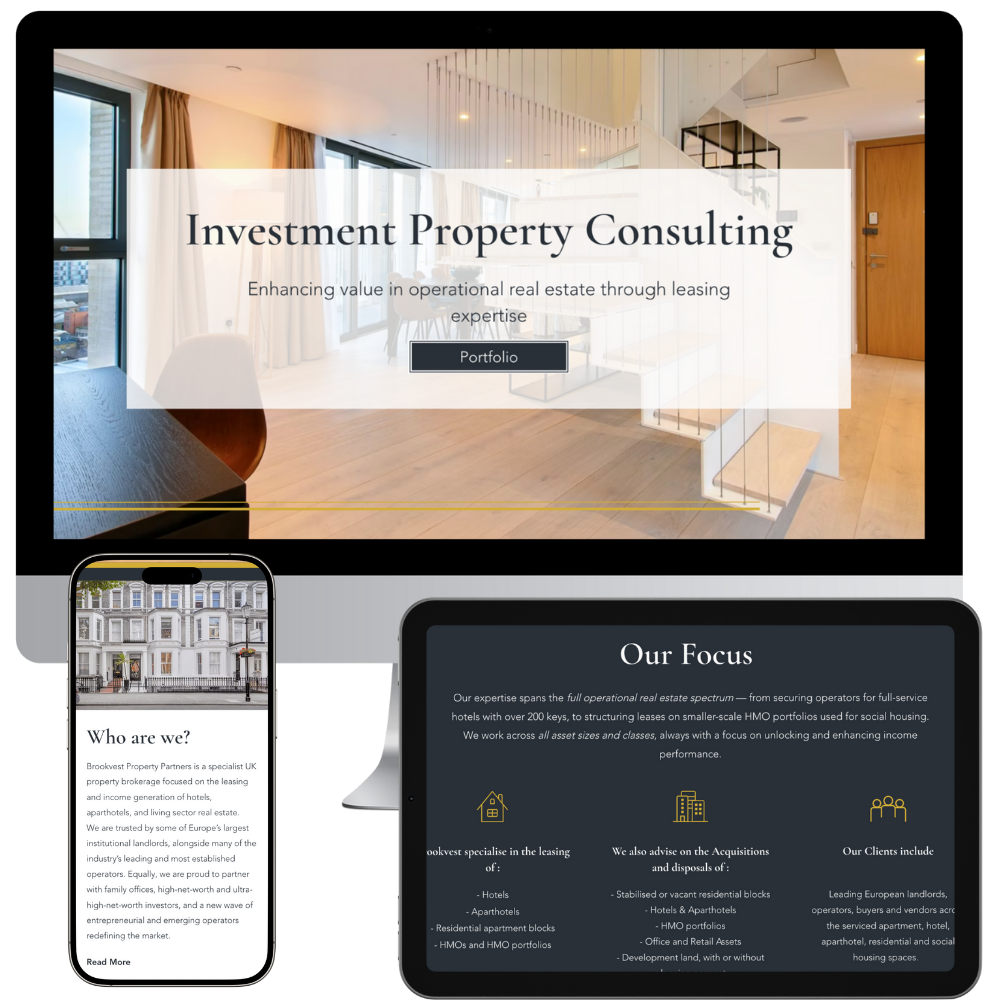 Screenshots of Brookvest website on mobile, tablet and desktop