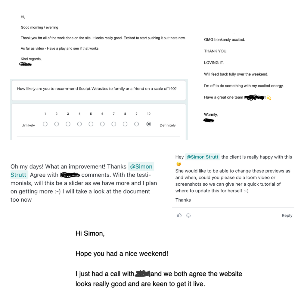 Screenshots of satisfied clients of Sculpt Websites