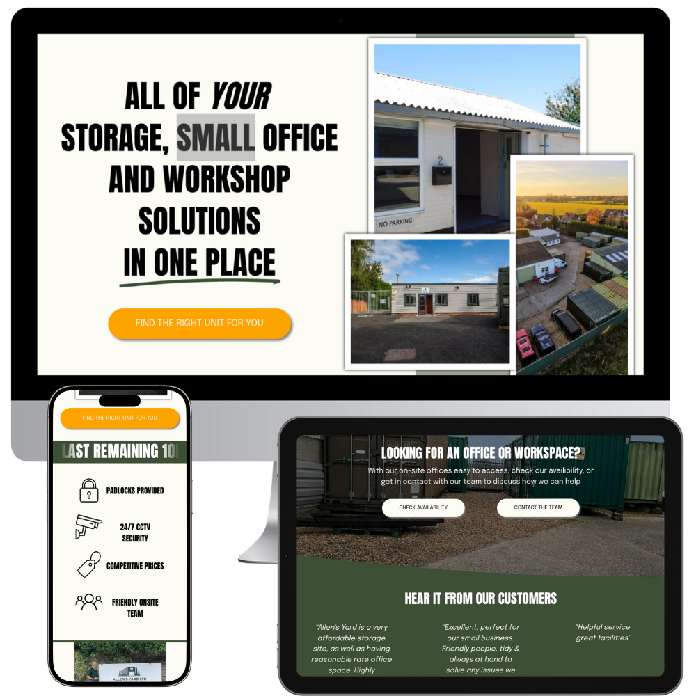 Screenshots of Allen's Yard website on mobile, tablet and desktop