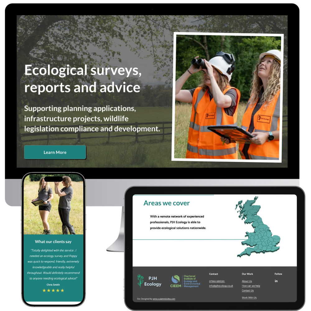 Screenshot of PJH Ecology website on mobile, tablet and desktop