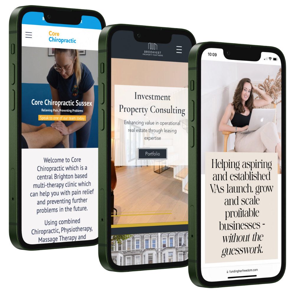 Three projects from sculpt websites displayed on mobile phone screens